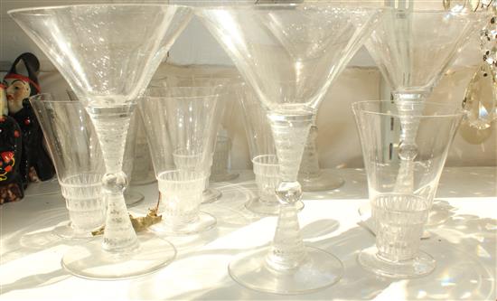 Eight Lalique Bourgeuil pattern glasses and four Lalique Martini glasses, 9.5cm and 15cm, Martini glasses crizzled